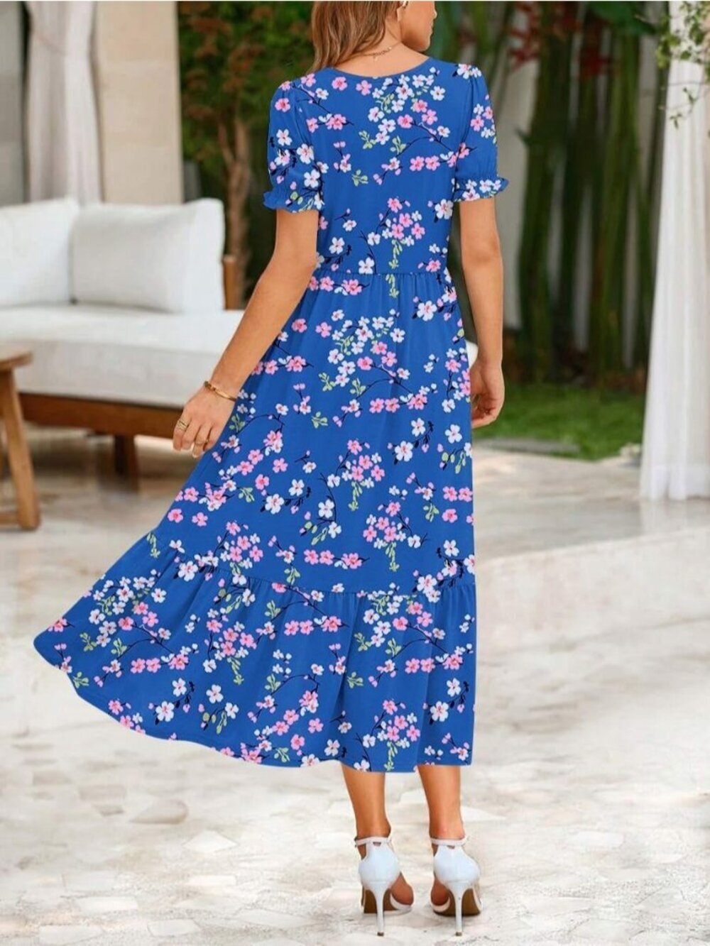 Zeagoo Women's Floral  Printed Flowy Casual Short Sleeve Tiered Midi Maxi Dress - Picture 6 of 6